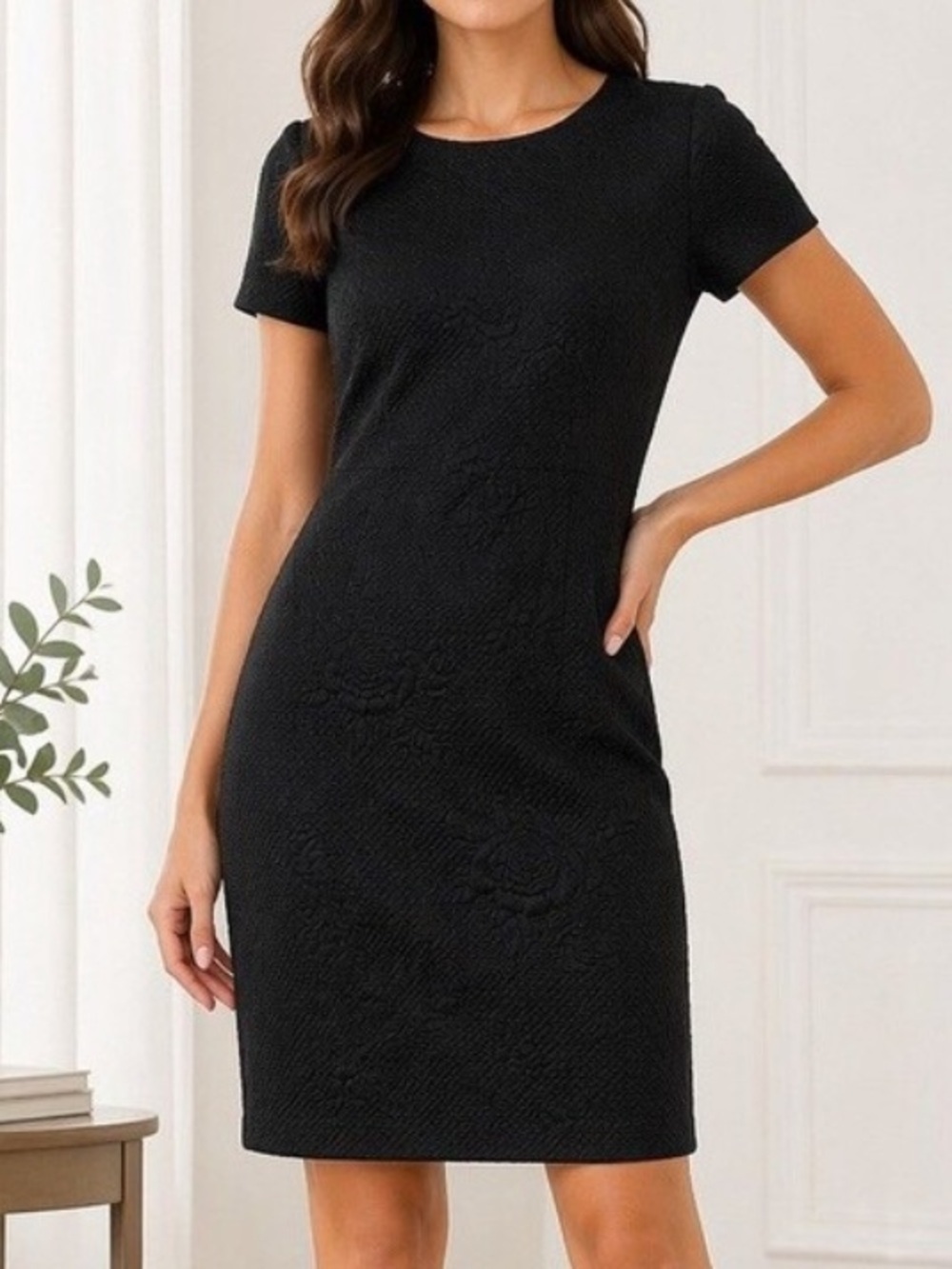Calvin Klein Floral Jacquard Sheath Dress Textured Embossed Rose Black 8 Quilted
